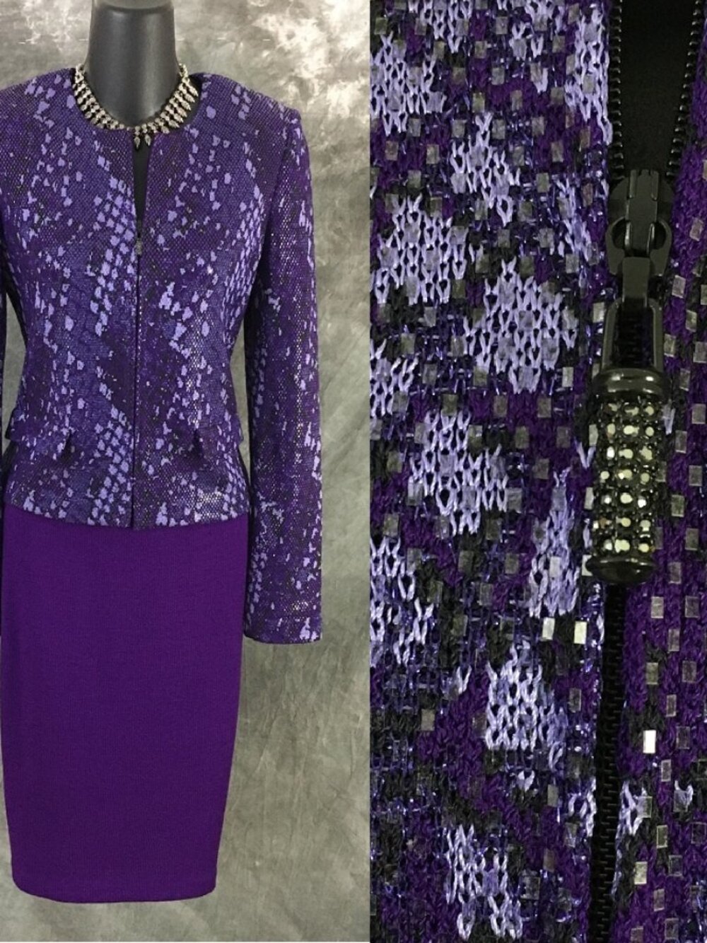 BEAUTIFUL st john evening knit purple black multi embellished skirt suit 2 4